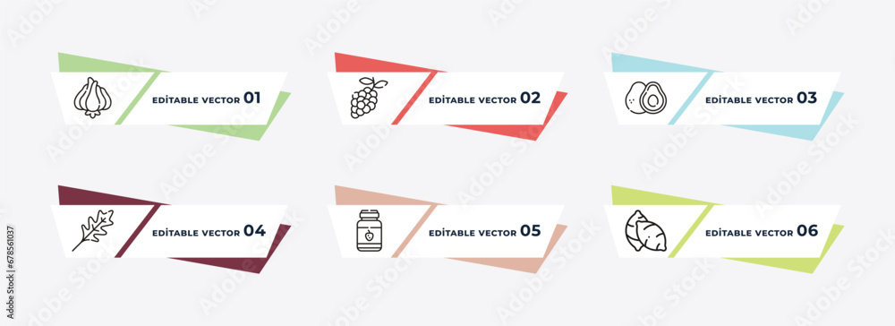 garlic, grapes, avocado, arugula, mason jar, sweet potato outline icons. editable vector from fruits and vegetables concept.