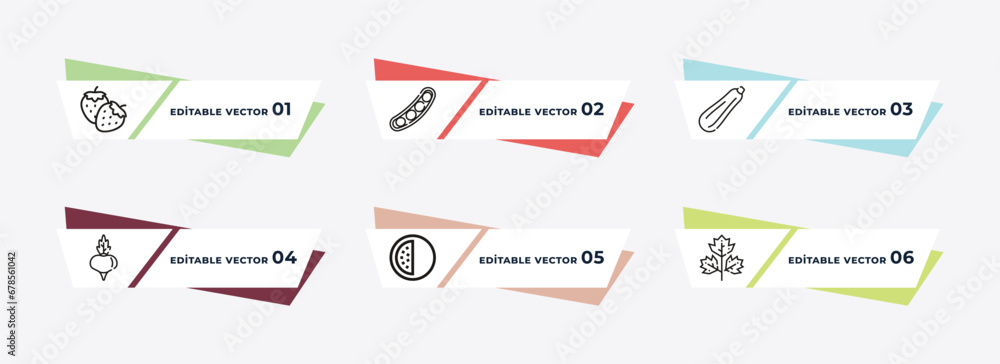 strawberry, peas, zucchini, radish, passion fruit, parsley outline icons. editable vector from fruits and vegetables concept.