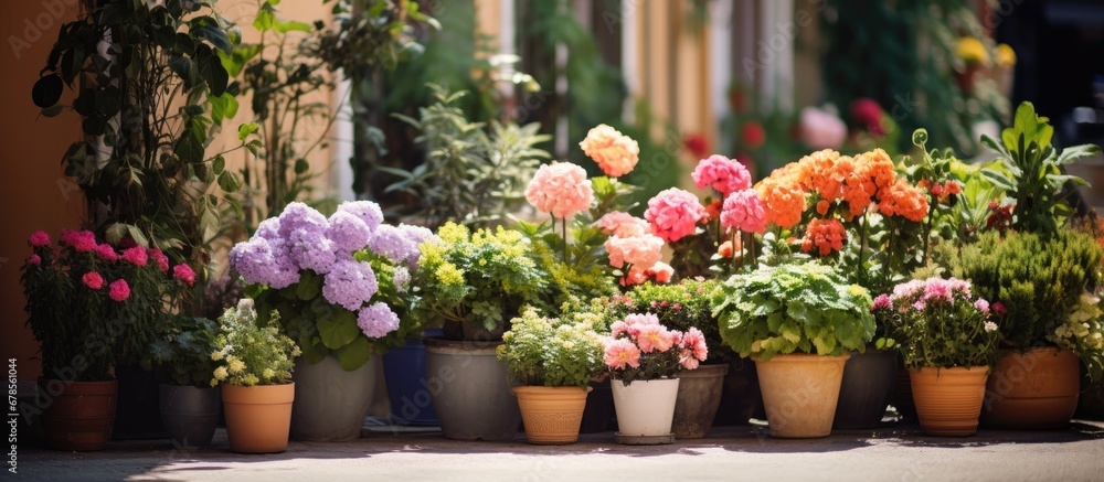 Potted plants and flowers by florist shop entry