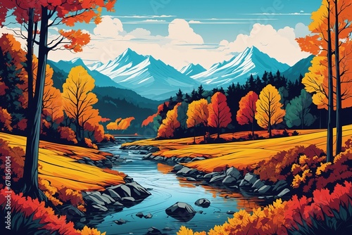 Herbstlandschaft mit Wald  Fluss und Bergen  Illustration im Comicstil.