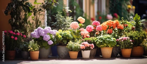 Potted plants and flowers by florist shop entry © Vusal