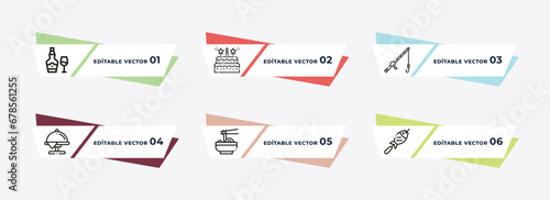 alcoholic, five birthday cake, fishing tool, salver, chow mein, cooked fish outline icons. editable vector from food concept.