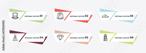 cylinder hat, leather jacket, one shoe, neckline dress, diamond, dressmaker outline icons. editable vector from fashion concept.