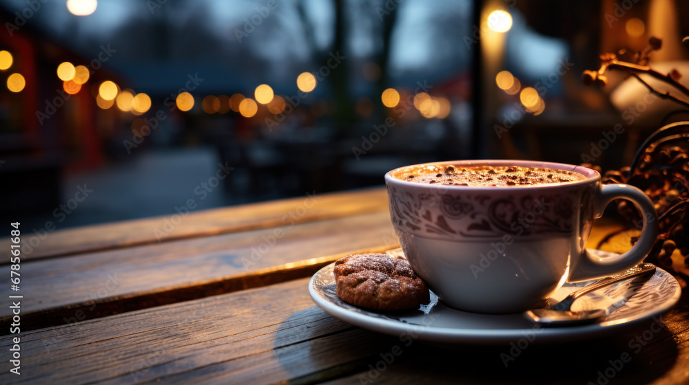 Obraz premium Cup of coffee with christmas decorations on dark wooden table.