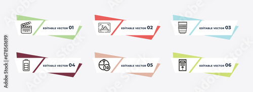 clapperboard, quarter, minute countdown, half battery, camera timer, computer tower outline icons. editable vector from electronic stuff fill concept.