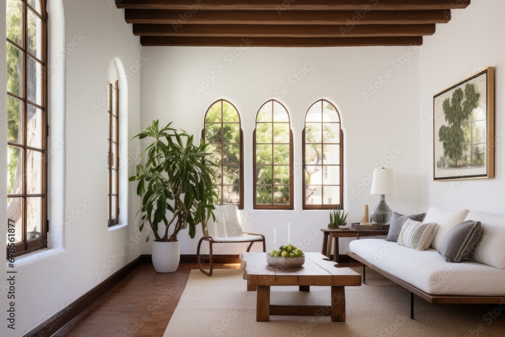white walls featuring wooden-framed windows in a spanish revival house