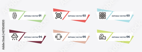 smartwatch, ceiling fan, turbine, espresso maker, cell phone, dvd player outline icons. editable vector from electronic devices concept.