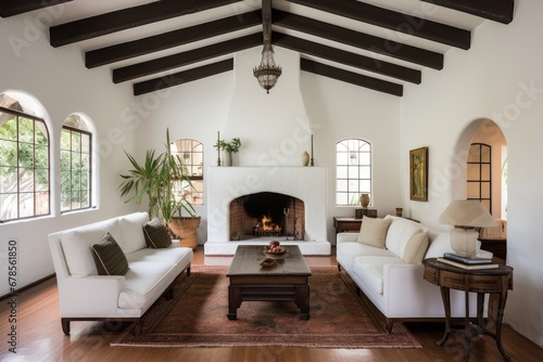 spanish revival interior room with whitewashed beam ceiling photo
