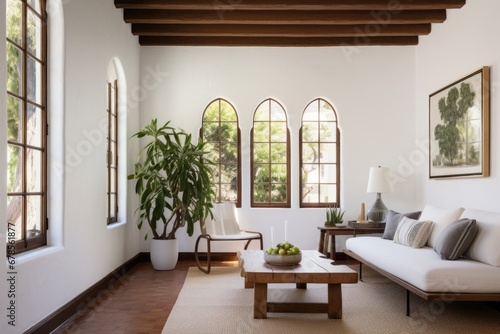 white walls featuring wooden-framed windows in a spanish revival house