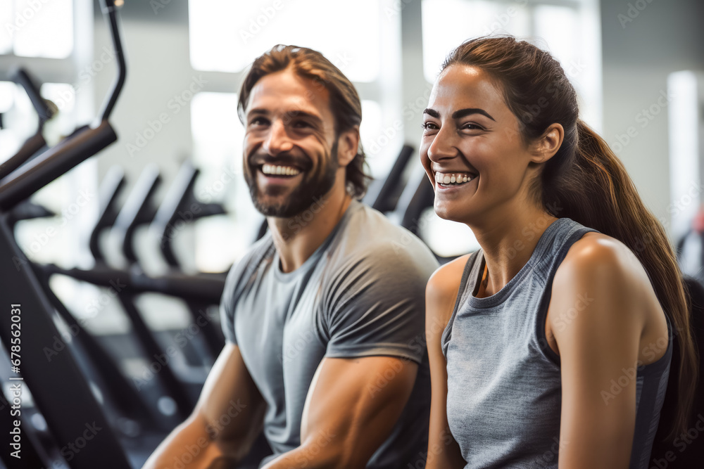 Fototapeta premium couple fitness man and woman in sportswear standing in gym club. personal trainer. healthy lifestyle