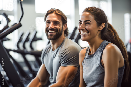 couple fitness man and woman in sportswear standing in gym club. personal trainer. healthy lifestyle © zamuruev