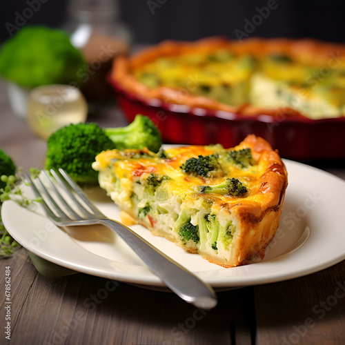 A piece of quiche with broccoli on white plate, kitchen table with blurry background