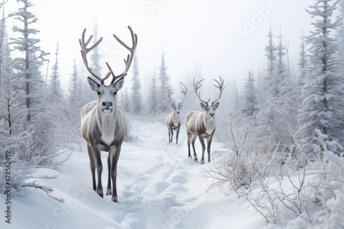 a trail of caribou in the snowy tundra