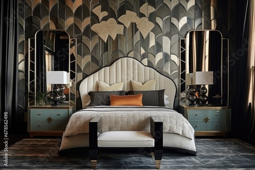 an art deco bedroom featuring a quilted headboard with mirrored side tables