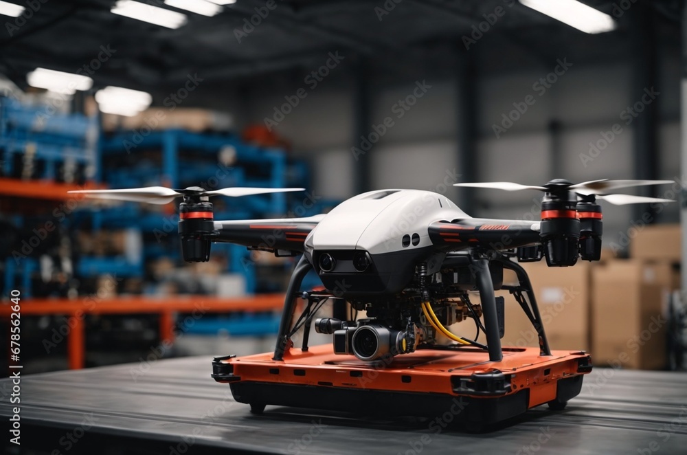 Drone quadcopter with digital camera in warehouse. Modern technology and innovation concept Drone quadcopter with digital camera in warehouse. Modern technology and innovation concept