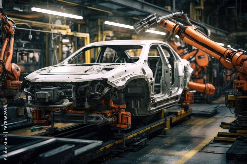 a robotic arm working on a car chassis in an assembly line - obrazy, fototapety, plakaty 