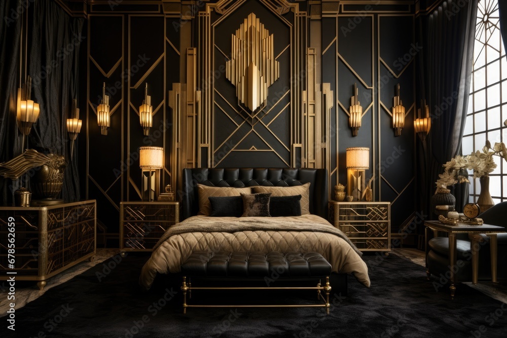 a lavish art deco bedroom with a gold and black color scheme - obrazy, fototapety, plakaty 