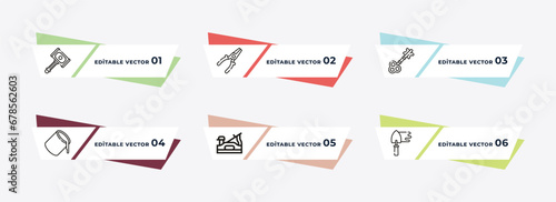 sledge hammer, plier, antique key, open paint bucket, jack plane, trowel outline icons. editable vector from construction tools concept.