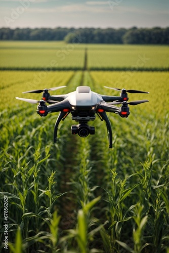 Drone quadcopter with digital camera flying over a corn field