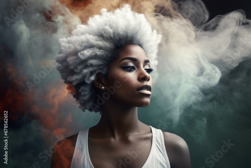Afro girl grey hair with smoke background. Model lady african casual fashion. Generate Ai