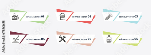 dustpan and brush, bucket, garage screw, cleaning mop, nail, gallon oil outline icons. editable vector from construction tools concept.