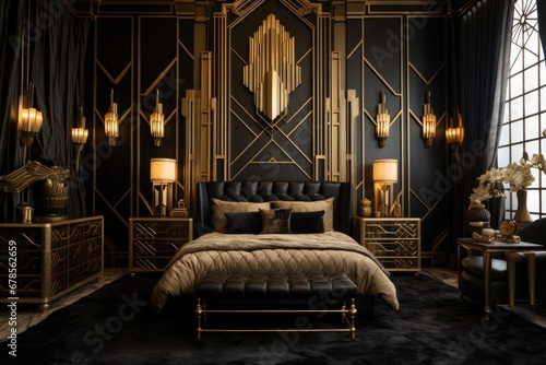a lavish art deco bedroom with a gold and black color scheme