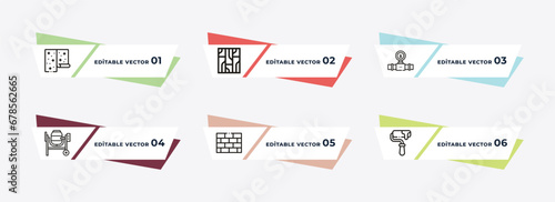 wallpaper, parquet, gas pipe, cement mixers, brick, paint roller outline icons. editable vector from construction tools concept.