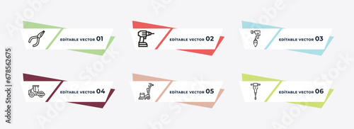 repair pliers, cordless drill, plumb bob, road roller, polishers, jackhammer outline icons. editable vector from construction tools concept.