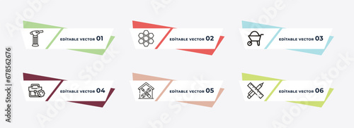 blowtorch, tiles, wheel barrow, businessman portfolio, repair wrench, school ruler outline icons. editable vector from construction tools concept.