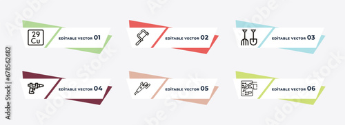 copper, metal saw, shovel and fork, caulk gun, sanding hine, iron soldering outline icons. editable vector from construction and tools concept.
