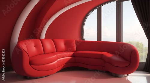 Interior of modern design room curved sofa in red
