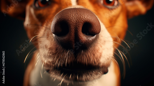 Close-up of a dog's nose. To sniff. The dog has smelled the scent and is waiting for a treat. Dog nose in detail