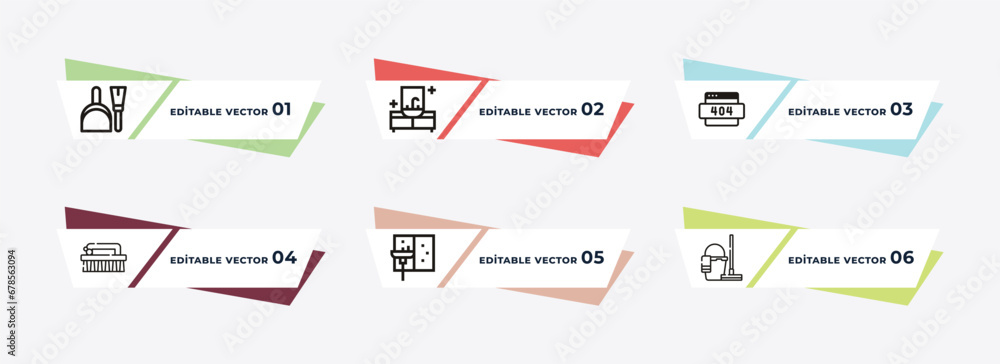 dustpan cleanin, faucet cleanin, dry, wiping brush, clean window, floor cleaner outline icons. editable vector from cleaning concept.
