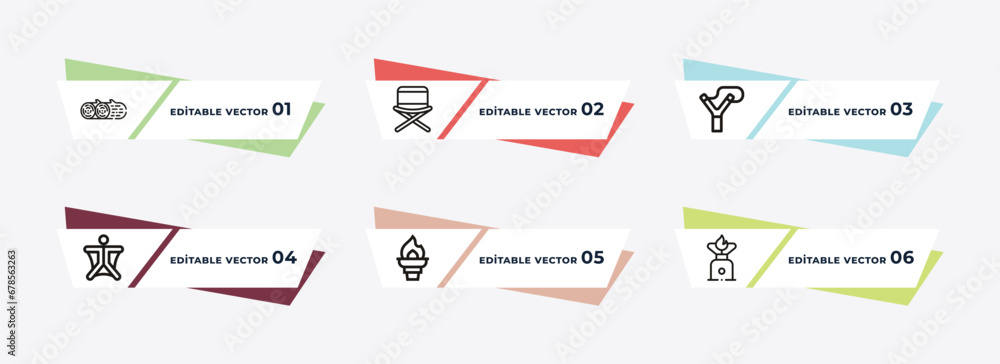 log, folding chair, slingshot, wingsuit, torch, gas outline icons. editable vector from camping concept.