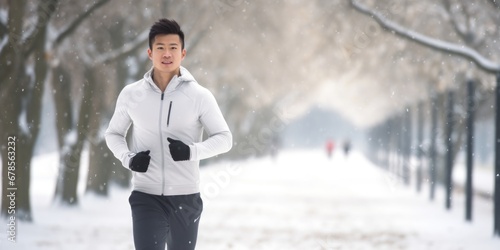 Healthy person running in public park in winter comeliness practicing fitness and strength