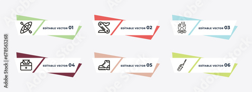 canoe, swiss knife, campfire, tissue, boots shoes, lighter outline icons. editable vector from camping concept.