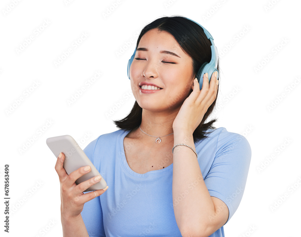Smile, headphones and woman or song, phone and streaming radio or isolated on transparent png background. Happy asian person, connection and hearing audio or music, playlist and sound on smartphone