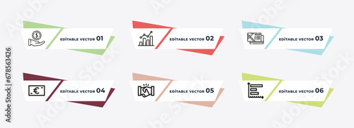 man with money gears, profit chart, music business card, euro bills, partners in business, horizontal bar chart outline icons. editable vector from business concept.