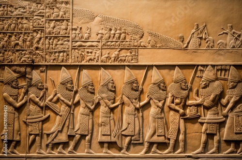 Ancient Assyrian relief sculpture of ancient warriors. Historical artifact monument carved artwork. Generate ai