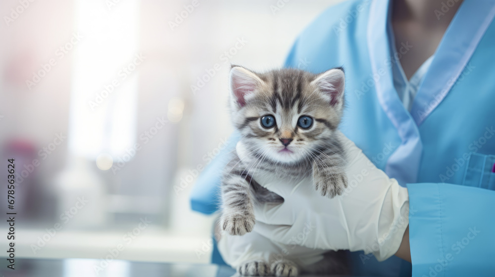 Cute kitten in the hands of a veterinarian, close up view Cute kitten in the hands of a veterinarian, close up view