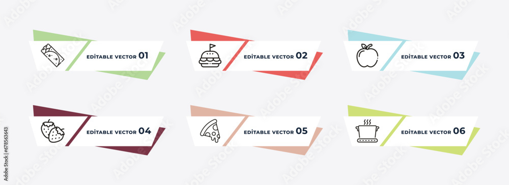 mexican food, complete hamburger, with skin, strawberry drawing, pepperoni pizza slice, boiling water pan outline icons. editable vector from bistro and restaurant concept.