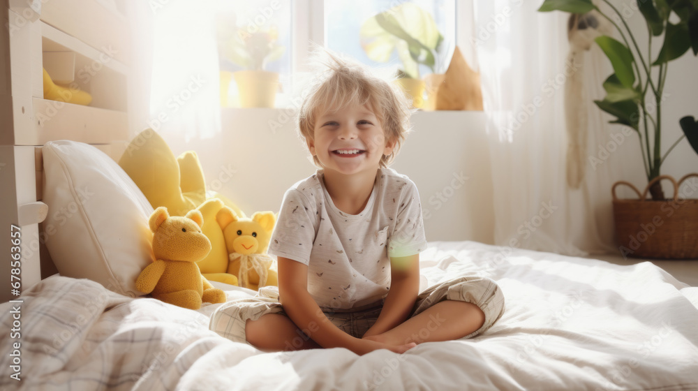 Cute laughing child boy sits in bed at daytime Cute laughing child boy sits in bed at daytime