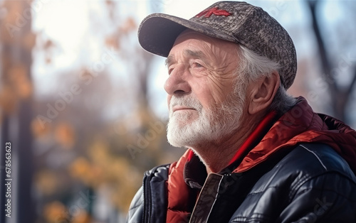 Thoughtful tired old man sitting on the bench in the park. Lonely senior man sitting in the city park. © Malchevska Studio