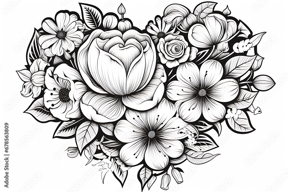 Generative AI : Monochrome Floral Composition in Heart Shape. Hand Drawn Ornament with Flowers. - obrazy, fototapety, plakaty 
