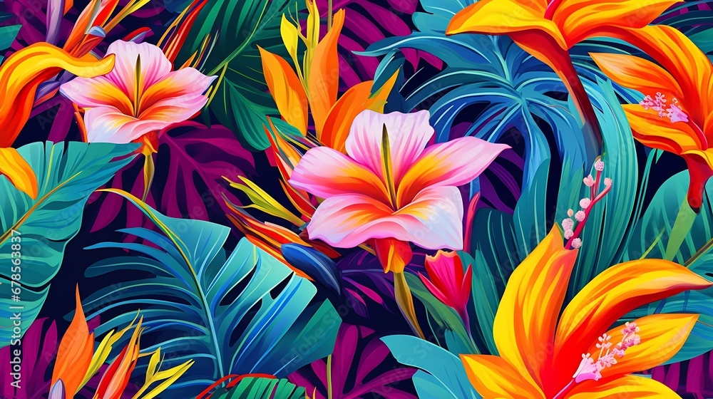 Generative AI : Jungle leaves, bird of paradise flower. Beautiful seamless vector floral pattern background, exotic print