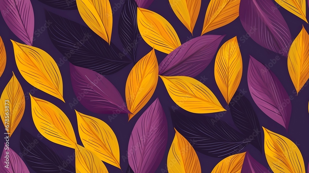 Generative AI : Creative minimalist hand draw Abstract art seamless pattern yellow, orange leaves sketch on purple background. Generative AI : Creative minimalist hand draw Abstract art seamless pattern yellow, orange leaves sketch on purple background.