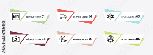 stewardress head, gangway truck, airplane security belt, trolley with luggage, control check, no smoking outline icons. editable vector from airport terminal concept.