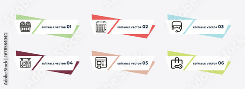 duty free basket, week calendar, pilot helmet, flight panel, airport atm, luggage security outline icons. editable vector from airport terminal concept.