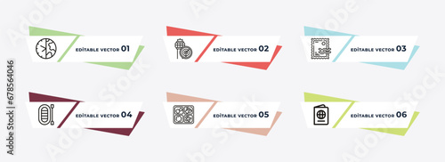 time zones, airport taxi, stamp for passports, lifeboat, tray with cover, two passports outline icons. editable vector from airport terminal concept.