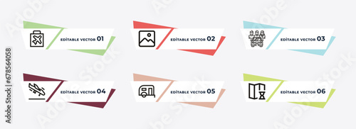 duty free bag, airport radar, passenger passway, plane landing, trailer truck, waiting place outline icons. editable vector from airport terminal concept.